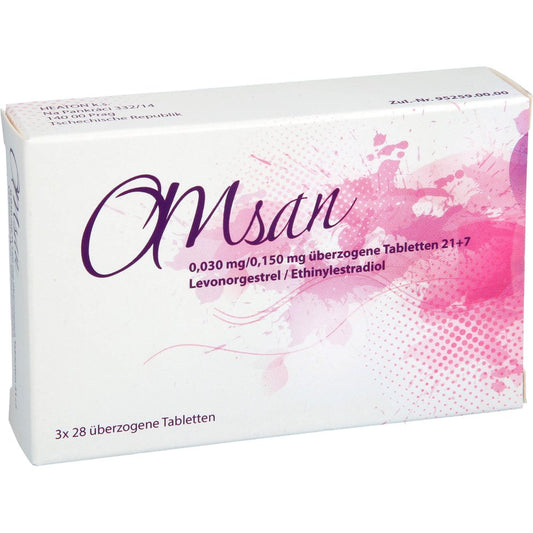 Das Produktfoto zeigt Omsan 0,03 Mg/0,15 Mg Überzogene Tabletten 21+7 (3X28 stk) PZN 18261712
