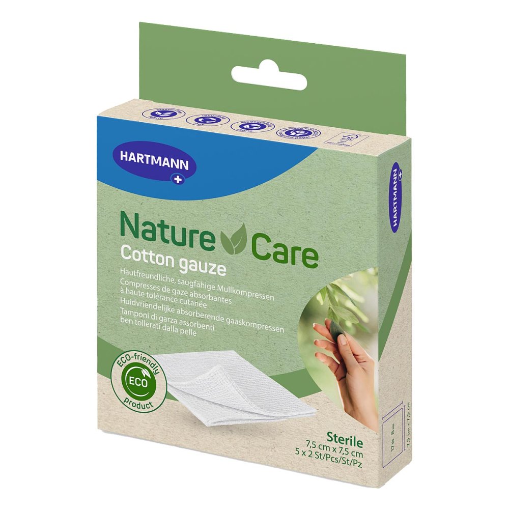 Das Produktfoto zeigt Nature Care Mullkompressen 7,5x7,5 Cm Steril (5X2 stk) PZN 18264018