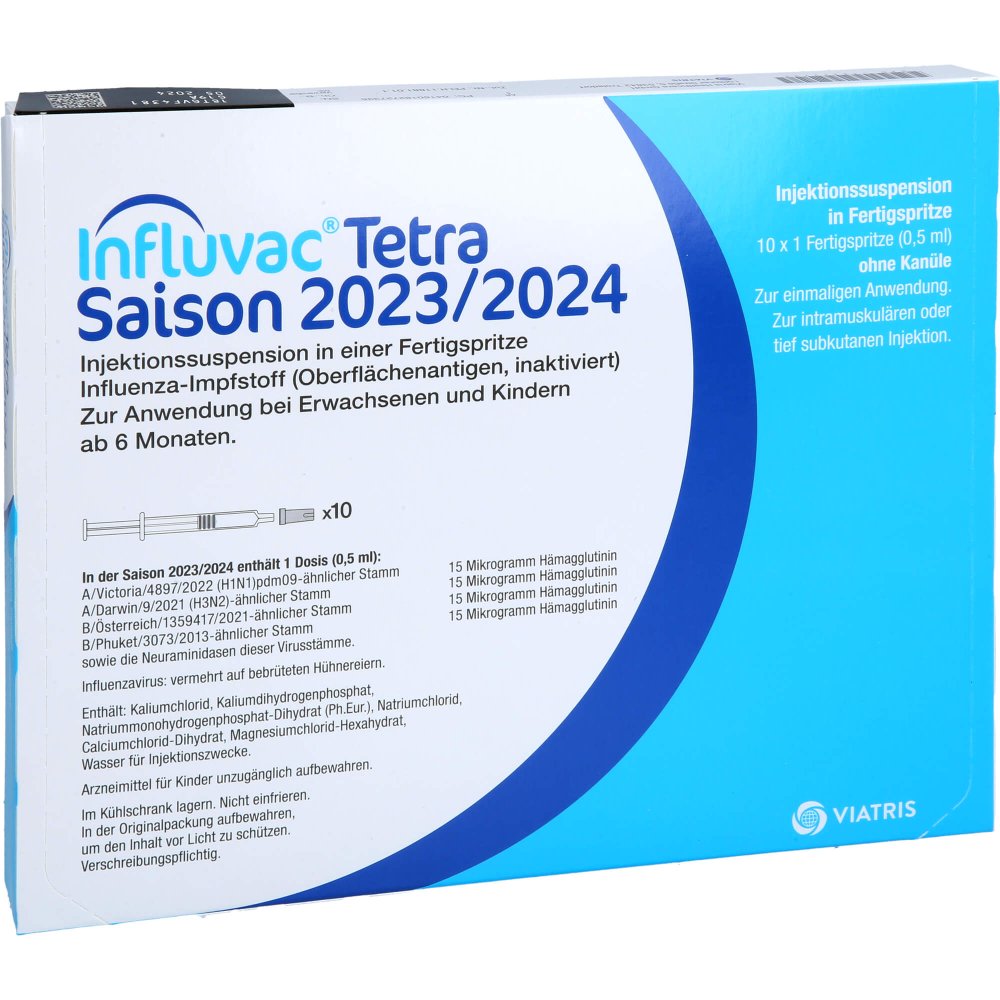 Das Produktfoto zeigt Influvac Tetra 2023/2024 Inj.-Susp.F.-Sp.Ohne Kan. (10X0.5 ml) PZN 18272733