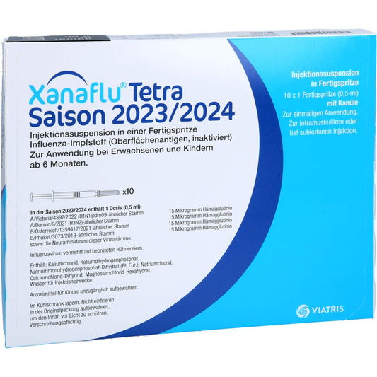 Das Produktfoto zeigt Xanaflu Tetra 2023/2024 Fertigspr.M.Kanüle (10X0.5 ml) PZN 18272756