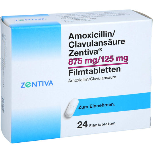 Das Produktfoto zeigt Amoxicillin/Clavulansäure Zentiva 875mg/125mg Fta (24 stk) PZN 18296432