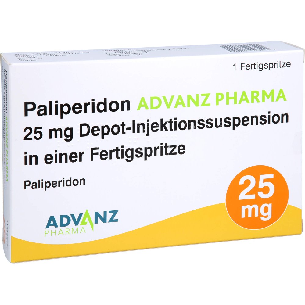 Das Produktfoto zeigt Paliperidon Advanz Pharma 25mg Depot-Inj.-Susp.Fs (1 stk) PZN 18302351