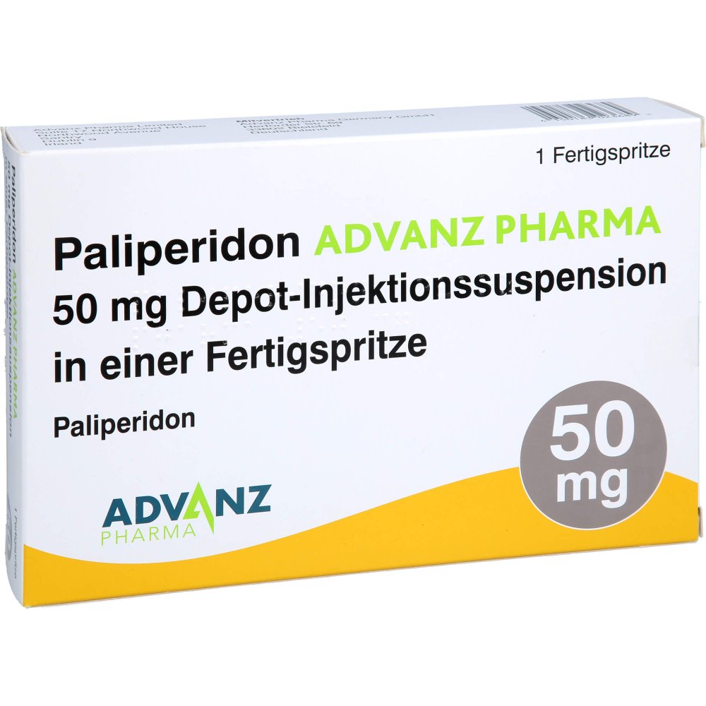 Das Produktfoto zeigt Paliperidon Advanz Pharma 50mg Depot-Inj.-Susp.Fs (1 stk) PZN 18302368