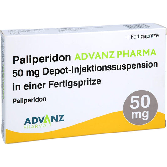 Das Produktfoto zeigt Paliperidon Advanz Pharma 50mg Depot-Inj.-Susp.Fs (1 stk) PZN 18302368