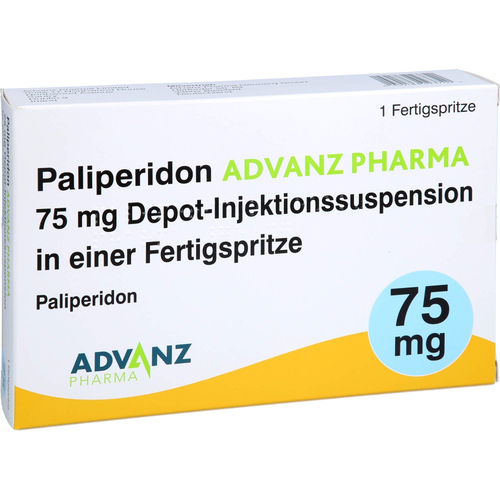 Das Produktfoto zeigt Paliperidon Advanz Pharma 75mg Depot-Inj.-Susp.Fs (1 stk) PZN 18302374