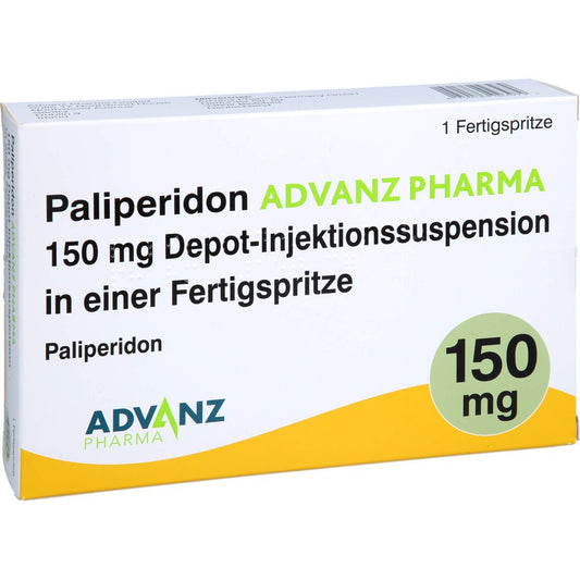 Das Produktfoto zeigt Paliperidon Advanz Pharma 150mg Depot-Inj.-Susp.Fs (1 stk) PZN 18302397