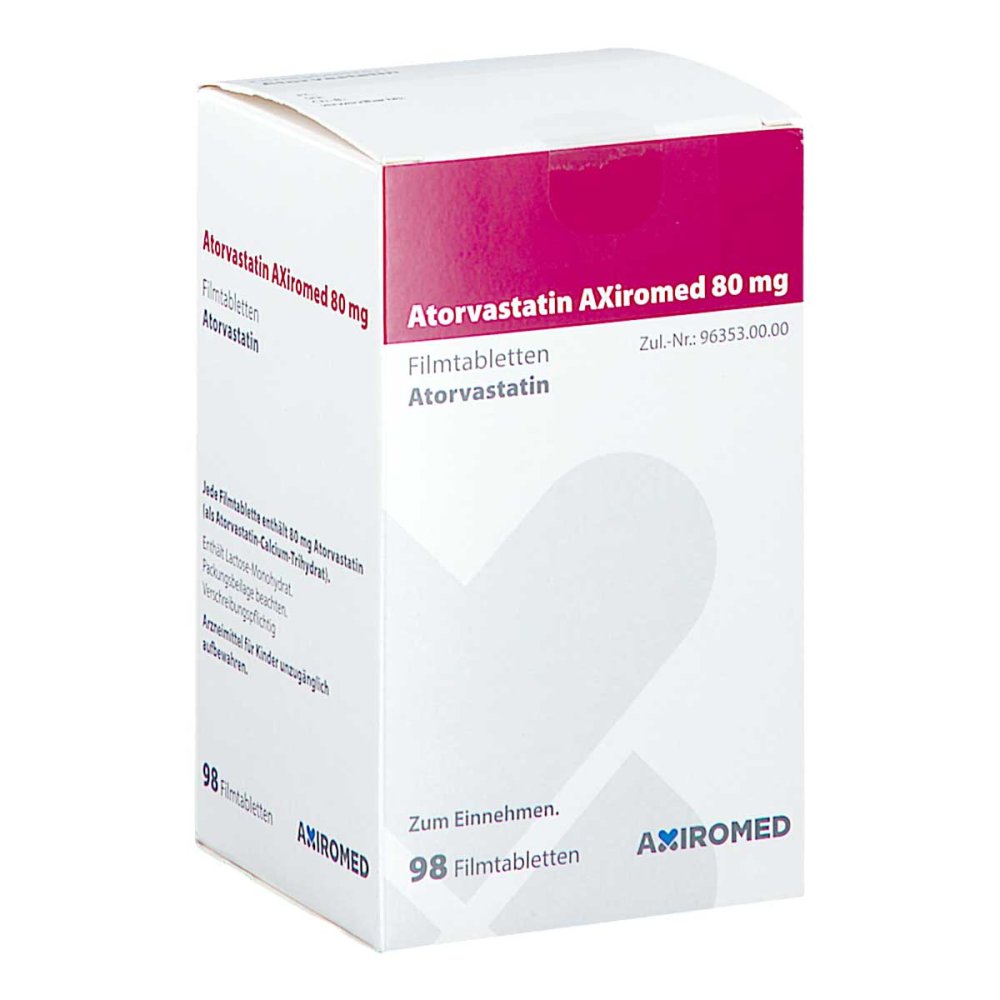 Das Produktfoto zeigt Atorvastatin Axiromed 80 Mg Filmtabletten Dose (98 stk) PZN 18303586