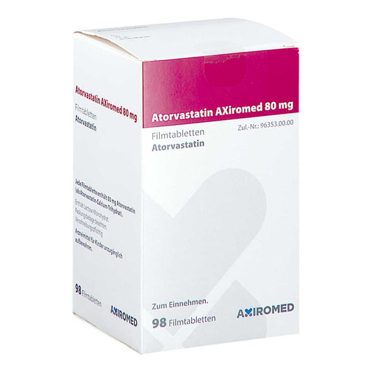 Das Produktfoto zeigt Atorvastatin Axiromed 80 Mg Filmtabletten Dose (98 stk) PZN 18303586
