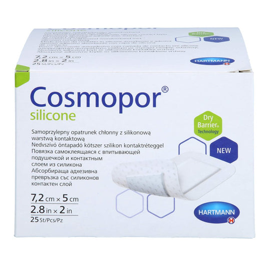 Das Produktfoto zeigt Cosmopor Silicone Wundverband 5x7,2 Cm (25 stk) PZN 18303847