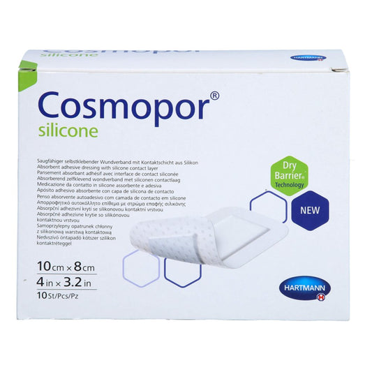 Das Produktfoto zeigt Cosmopor Silicone Wundverband 8x10 Cm (10 stk) PZN 18303876