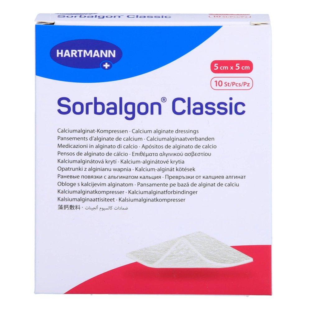 Das Produktfoto zeigt Sorbalgon Classic 5x5 Cm Calciumalginat-Kompresse (10 stk) PZN 18303907