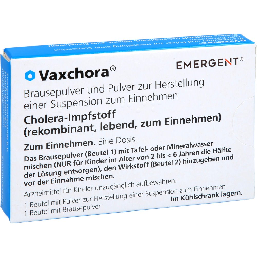 Das Produktfoto zeigt Vaxchora Brauseplv.U.Pulver Z.Herst.E.Susp.Z.Einn. (1 stk) PZN 18304249