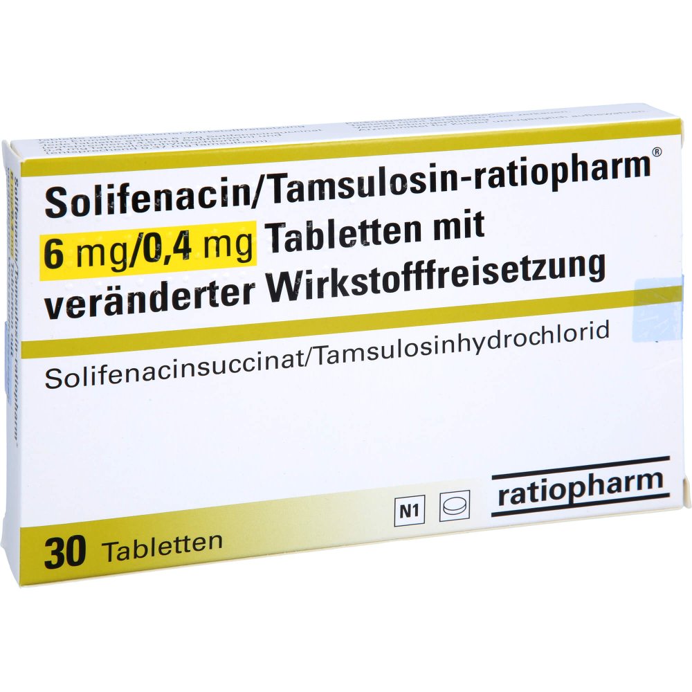 Das Produktfoto zeigt Solifenacin/Tamsulosin-Ratiopharm 6 Mg/0,4 Mg Tvw (30 stk) PZN 18337349