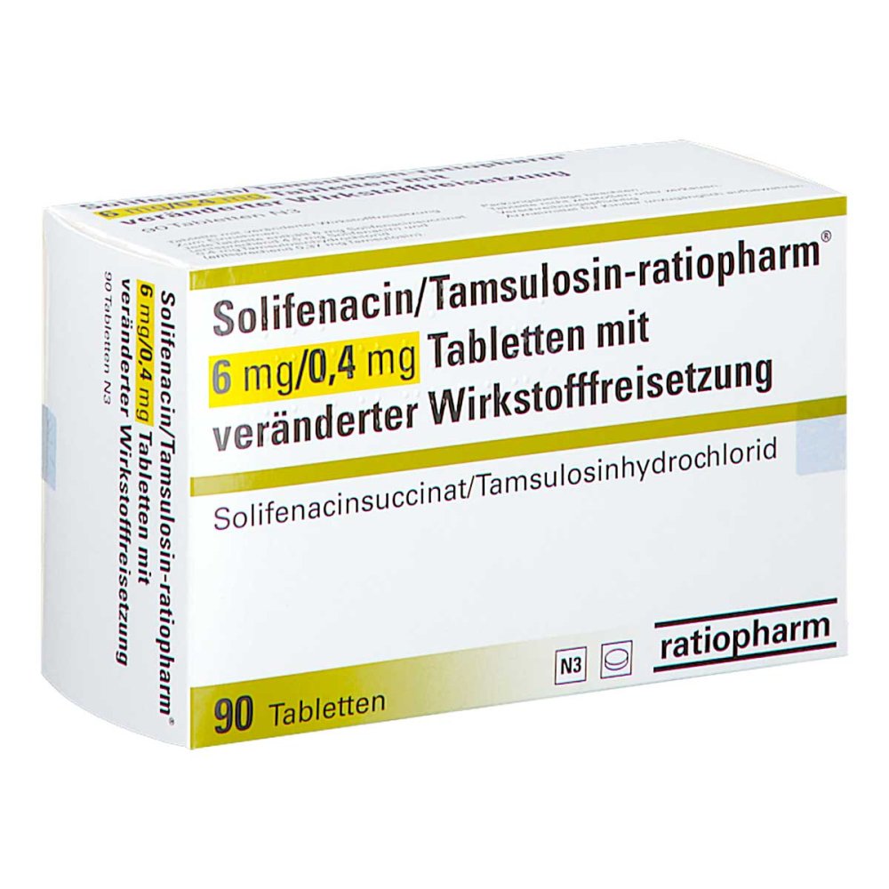Das Produktfoto zeigt Solifenacin/Tamsulosin-Ratiopharm 6 Mg/0,4 Mg Tvw (90 stk) PZN 18337384