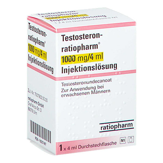 Das Produktfoto zeigt Testosteron-Ratiopharm 1000 Mg/4 Ml Inj.-Lsg.Dsfl. (1 stk) PZN 18337467