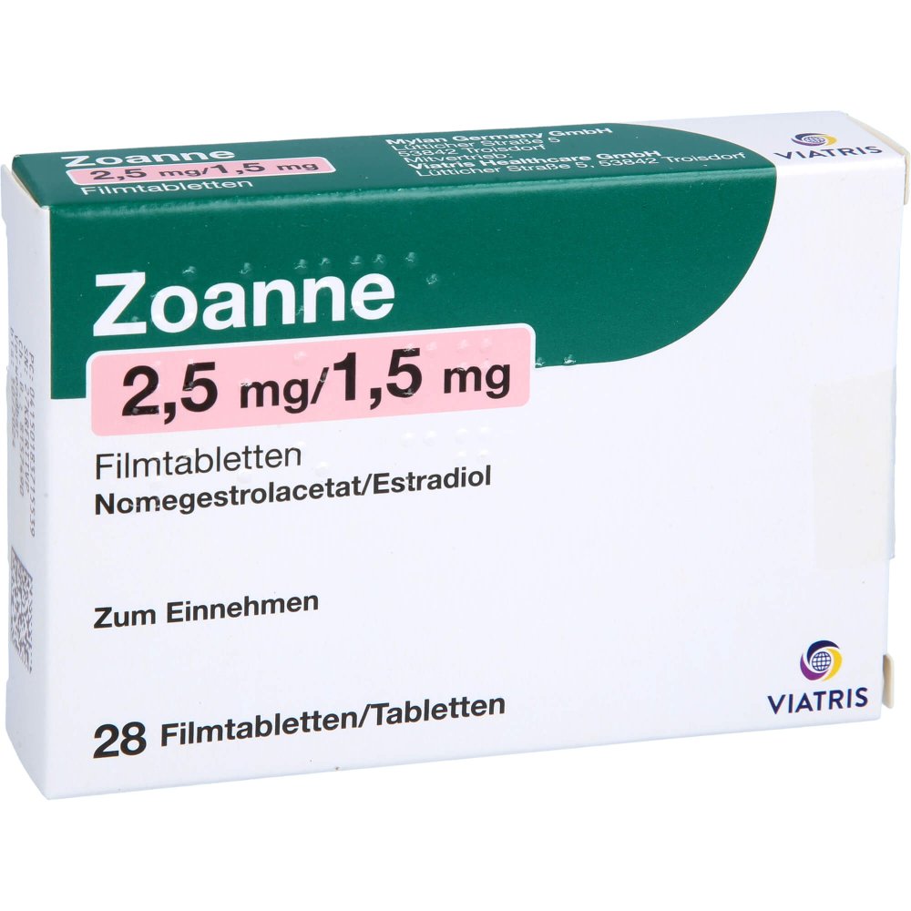 Das Produktfoto zeigt Zoanne 2,5 Mg/1,5 Mg Filmtabletten (28 stk) PZN 18371553