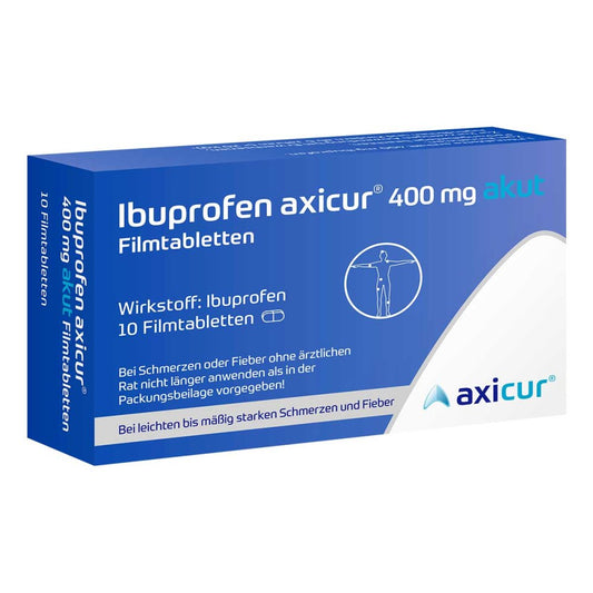 Das Produktfoto zeigt Ibuprofen Axicur 400 Mg Akut Filmtabletten (10 stk) PZN 18379477