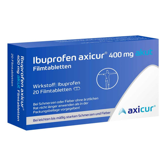 Das Produktfoto zeigt Ibuprofen Axicur 400 Mg Akut Filmtabletten (20 stk) PZN 18379483