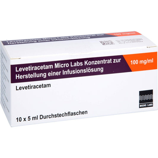 Das Produktfoto zeigt Levetiracetam Micro Labs 100mg/Ml K.H.Inf.-L.500mg (10X5 ml) PZN 18392006