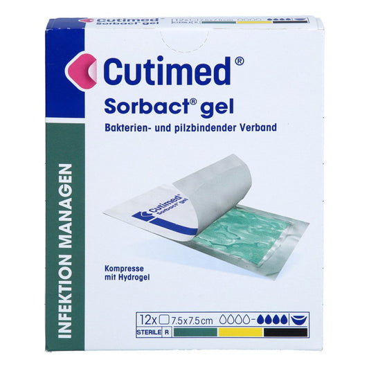 Das Produktfoto zeigt Cutimed Sorbact Gel Kompressen 7,5x7,5 Cm (12 stk) PZN 18395401