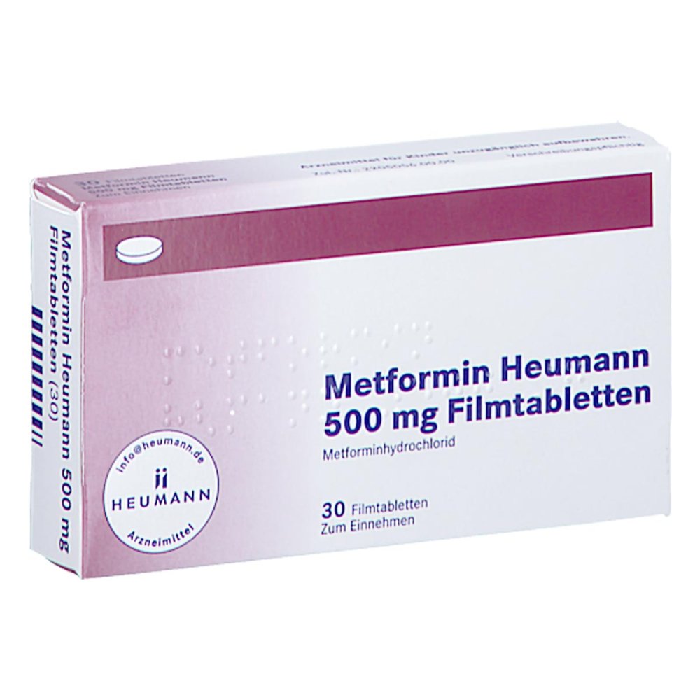 Das Produktfoto zeigt Metformin Heumann 500 Mg Filmtabletten (30 stk) PZN 18400792