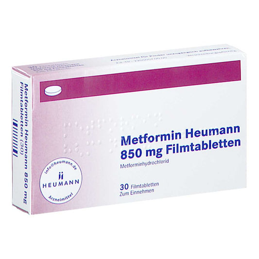 Das Produktfoto zeigt Metformin Heumann 850 Mg Filmtabletten (30 stk) PZN 18400846
