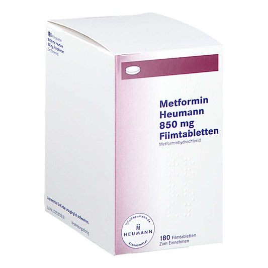 Das Produktfoto zeigt Metformin Heumann 850 Mg Filmtabletten (180 stk) PZN 18400869