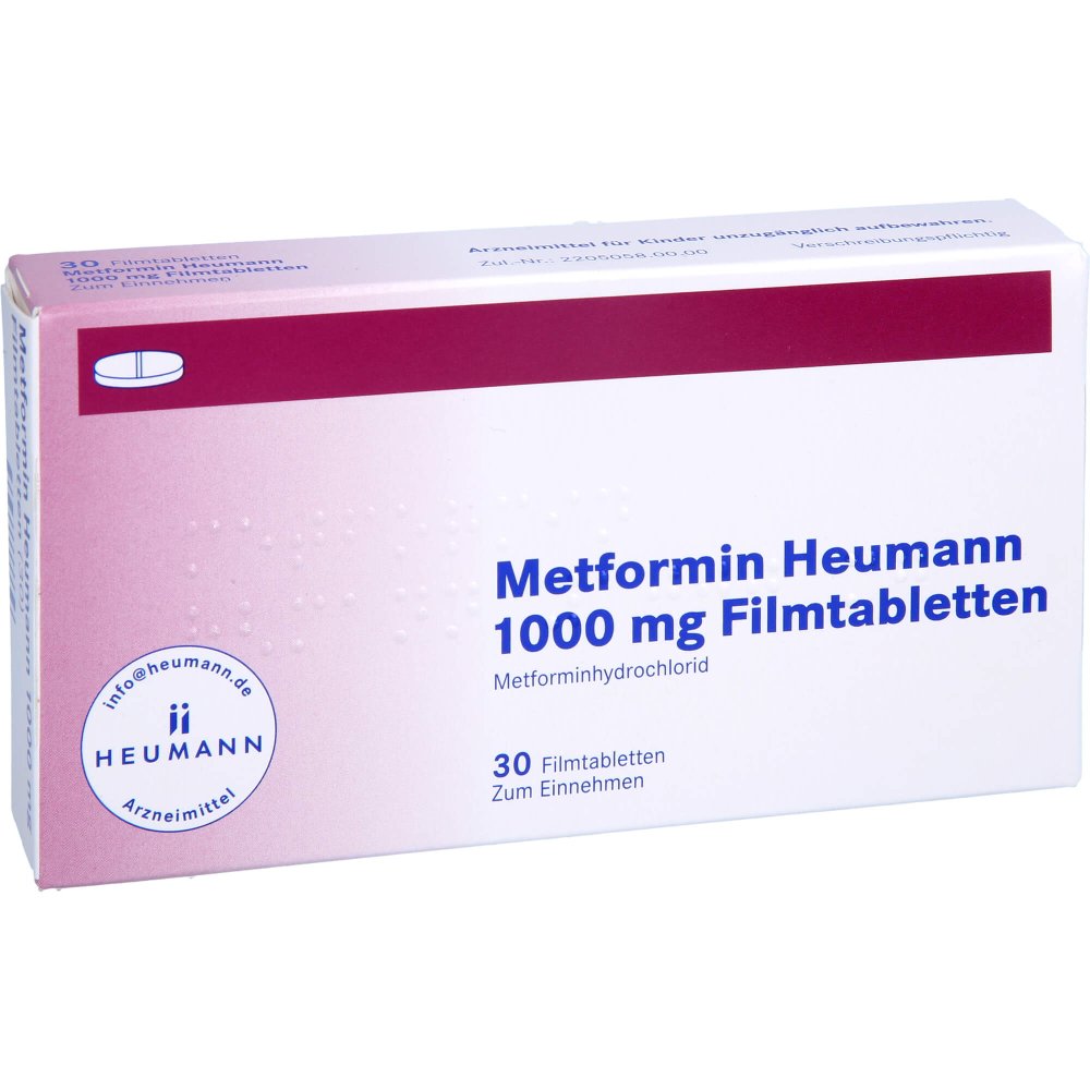 Das Produktfoto zeigt Metformin Heumann 1000 Mg Filmtabletten (30 stk) PZN 18400875
