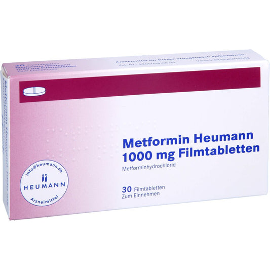Das Produktfoto zeigt Metformin Heumann 1000 Mg Filmtabletten (30 stk) PZN 18400875
