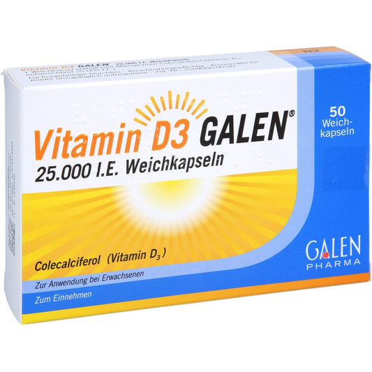 Das Produktfoto zeigt Vitamin D3 Galen 25.000 I.E. Weichkapseln (50 stk) PZN 18408724
