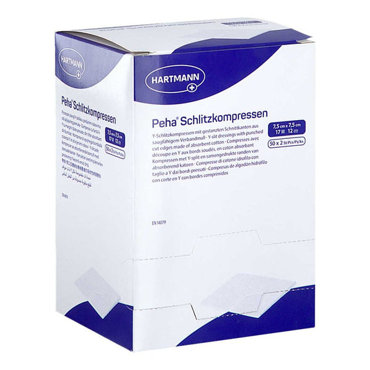 Das Produktfoto zeigt Peha Schlitzkompressen 7,5x7,5 Cm Steril (50X2 stk) PZN 18445760