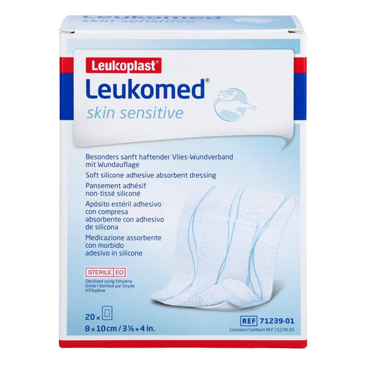 Das Produktfoto zeigt Leukomed Skin Sensitive Steril 8x10 Cm (20 stk) PZN 18469921