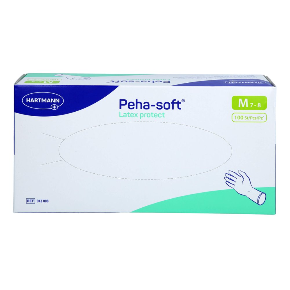 Das Produktfoto zeigt Peha-Soft Latex Protect Unt.Hands.Unsteril Pf M (100 stk) PZN 18605695