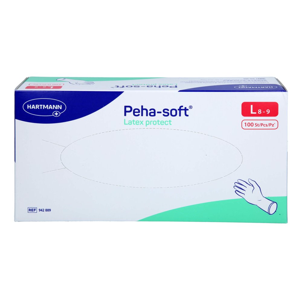 Das Produktfoto zeigt Peha-Soft Latex Protect Unt.Hands.Unsteril Pf L (100 stk) PZN 18605703