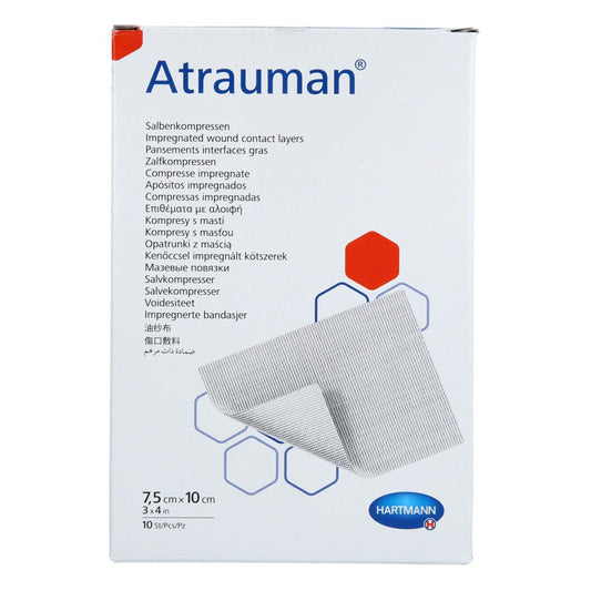 Das Produktfoto zeigt Atrauman 7,5x10 Cm Steril Kompressen (10 stk) PZN 18654541