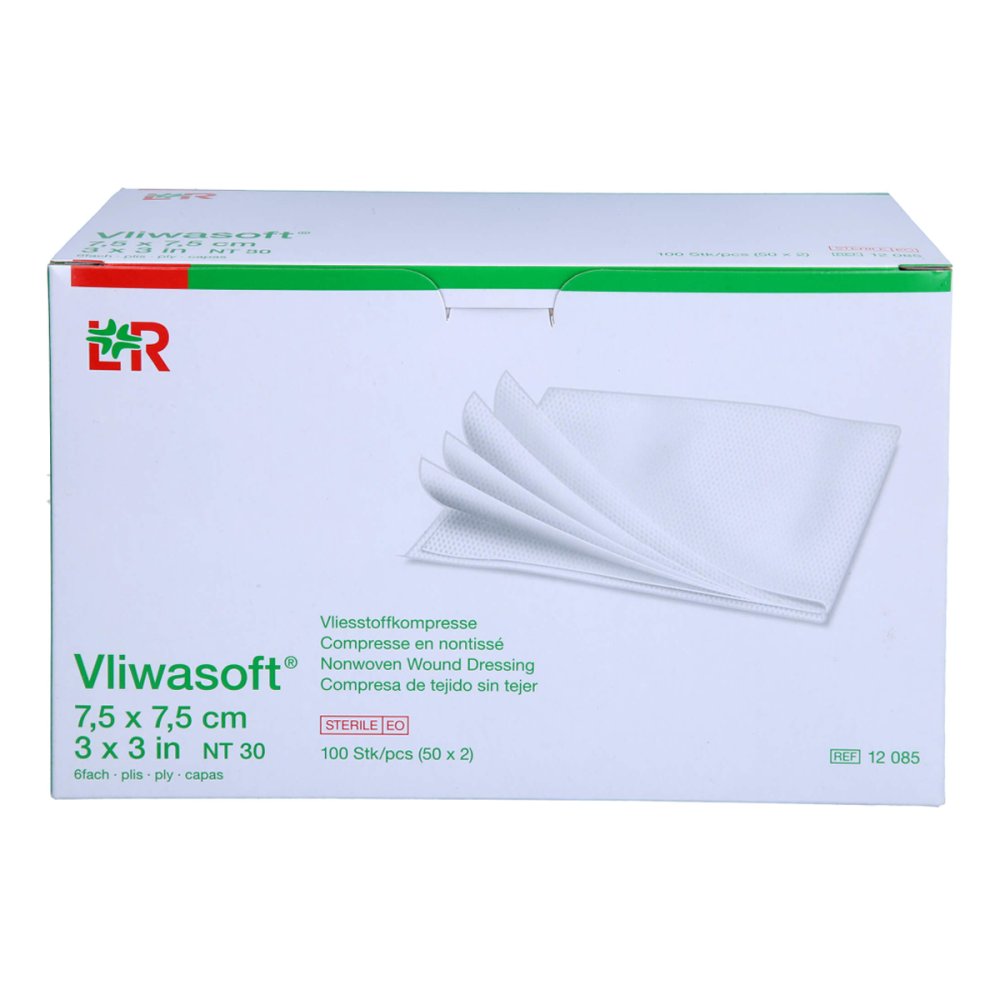 Das Produktfoto zeigt Vliwasoft Vlieskompressen Steril 7,5x7,5 Cm 6l. (50X2 stk) PZN 18658763
