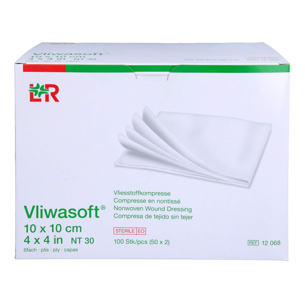 Das Produktfoto zeigt Vliwasoft Vlieskompressen Steril 10x10 Cm 6l. (50X2 stk) PZN 18658786