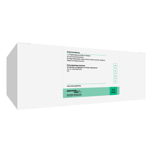 Das Produktfoto zeigt Procain Pharmarissano Ampulle 2% 5 Ml Inj.-Lsg. (200X5 ml) PZN 18672958