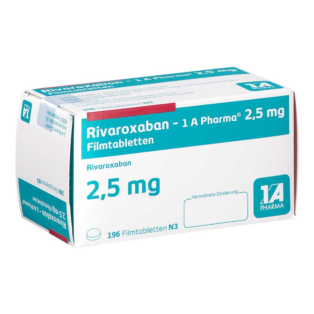 Das Produktfoto zeigt Rivaroxaban-1a Pharma 2,5 Mg Filmtabletten (196 stk) PZN 18712528