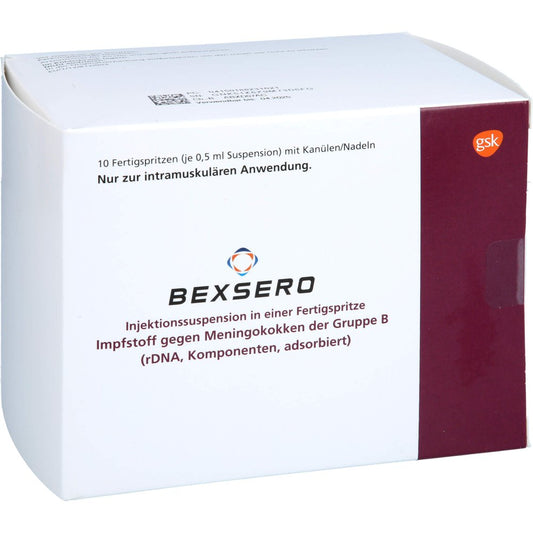 Das Produktfoto zeigt Bexsero Injektionssuspension I.E.Fertigspritze (10X0.5 ml) PZN 18823162