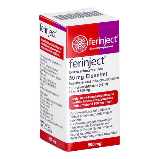 Das Produktfoto zeigt Ferinject 50 Mg Eisen/Ml Inj.-/Inf.-Dispers.500mg (1X10 ml) PZN 18841088