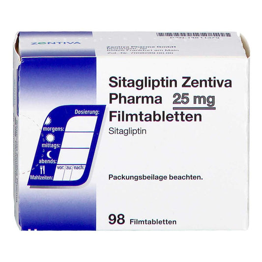 Das Produktfoto zeigt Sitagliptin Zentiva Pharma 25 Mg Filmtabletten (98 stk) PZN 18841349