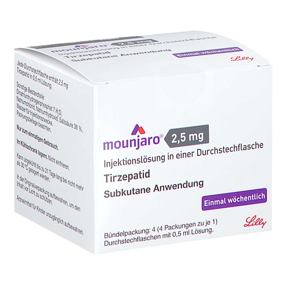 Das Produktfoto zeigt Mounjaro 2,5 Mg Injektionslösung I.E.Dsfl. (4 stk) PZN 18863517