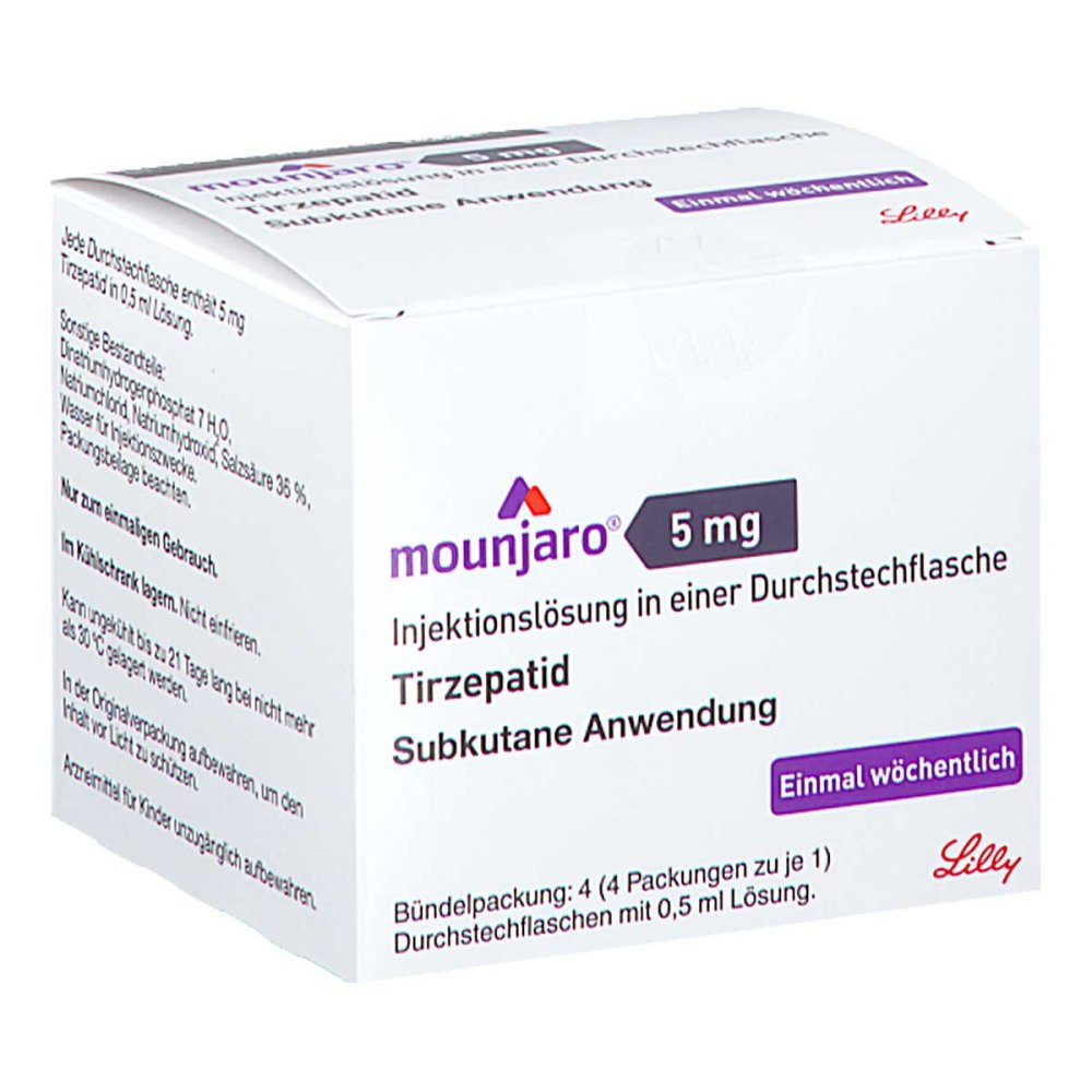 Das Produktfoto zeigt Mounjaro 5 Mg Injektionslösung I.E.Dsfl. (4 stk) PZN 18863523