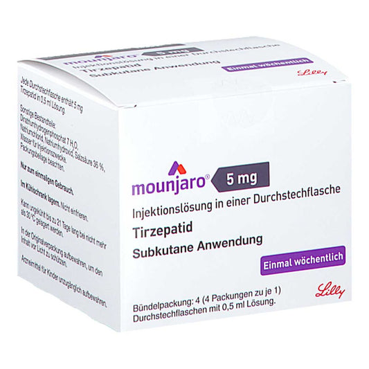 Das Produktfoto zeigt Mounjaro 5 Mg Injektionslösung I.E.Dsfl. (4 stk) PZN 18863523