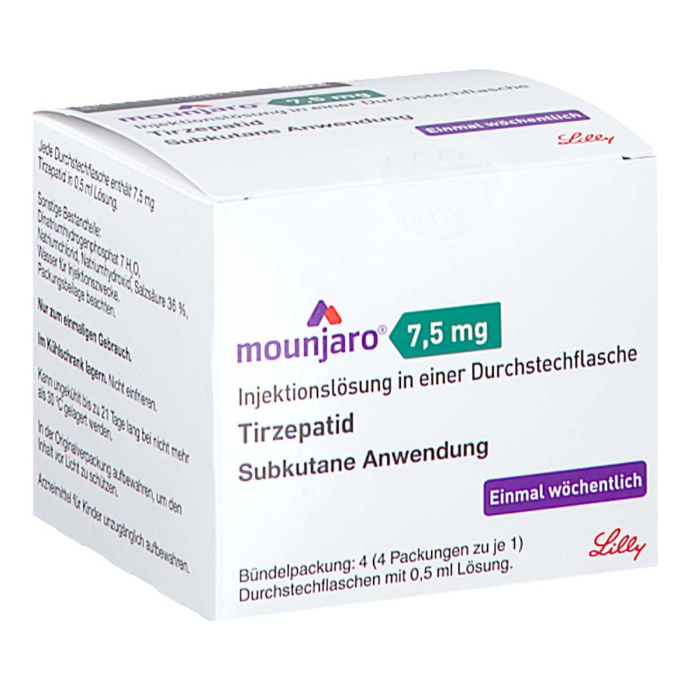 Das Produktfoto zeigt Mounjaro 7,5 Mg Injektionslösung I.E.Dsfl. (4 stk) PZN 18863546