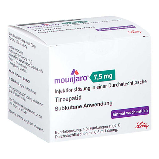 Das Produktfoto zeigt Mounjaro 7,5 Mg Injektionslösung I.E.Dsfl. (4 stk) PZN 18863546
