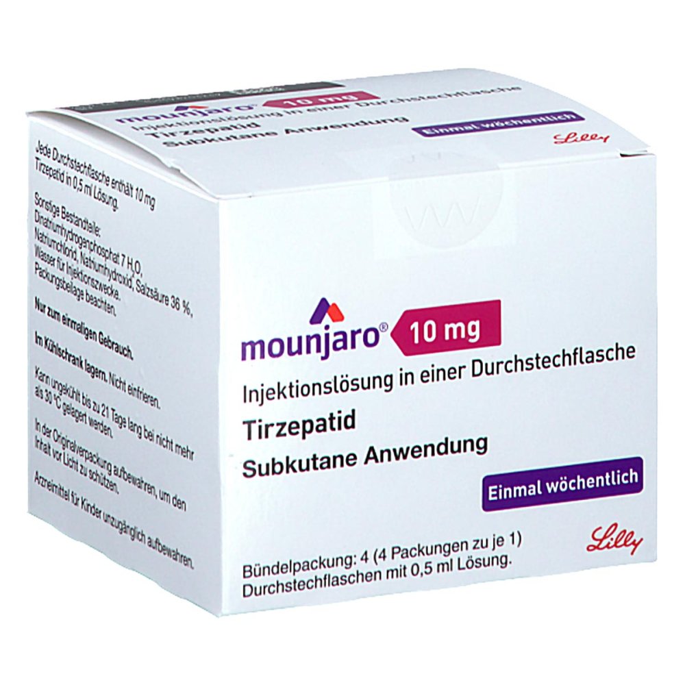 Das Produktfoto zeigt Mounjaro 10 Mg Injektionslösung I.E.Dsfl. (4 stk) PZN 18863552