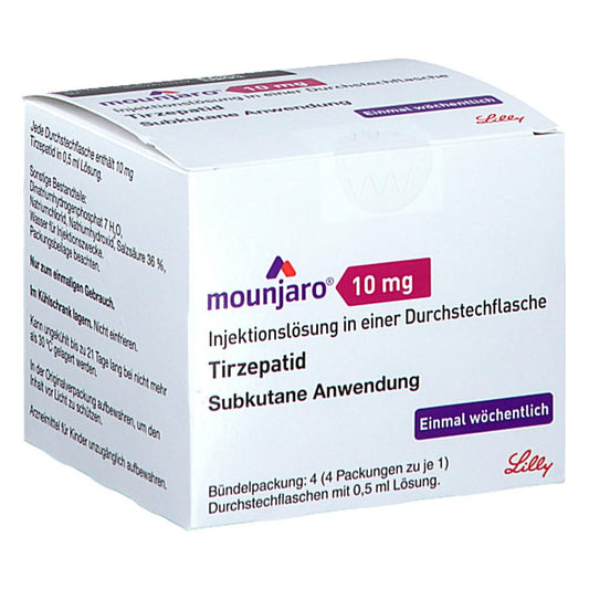 Das Produktfoto zeigt Mounjaro 10 Mg Injektionslösung I.E.Dsfl. (4 stk) PZN 18863552
