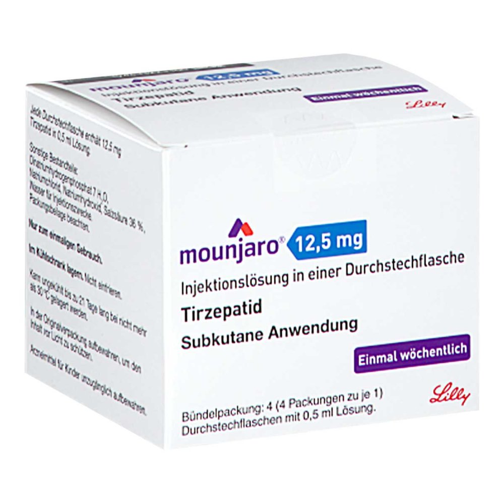 Das Produktfoto zeigt Mounjaro 12,5 Mg Injektionslösung I.E.Dsfl. (4 stk) PZN 18863569